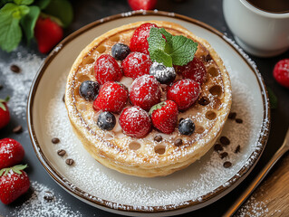Food photo: hot tea and berry-topped croissants, glowing and inviting.