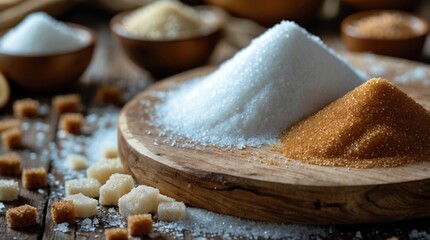 Sugar varieties on wooden board showcasing white and brown sugar with sugar cubes, highlighting natural sweeteners and culinary elements.