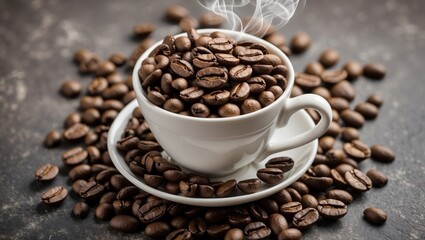 Fototapeta premium Coffee beans overflowing from a white cup with steam rising against a dark background creating a rich and inviting coffee ambiance.
