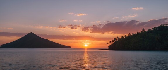 Serene Island Sunset Over Water with Dramatic Sky and Space for Creative Text Overlay