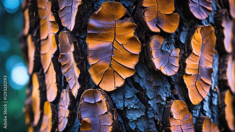 Wall mural intricate close-up of vibrant tree bark showing detailed textures and patterns in warm hues of orang