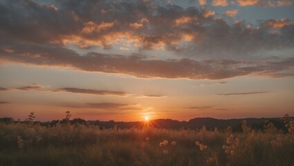 Golden Sunset Over Tranquil Fields with Expansive Sky and Copy Space for Text or Branding