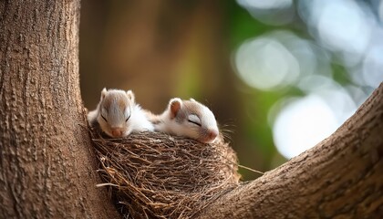 Cute and Cozy A Sleepy Tiny Tree Squirrel Nestled in a Woodland Haven, with a Curious Glance Emerging from its Shelter, Evoking Tranquility and Whimsy.