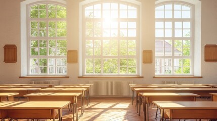 Fototapeta premium Bright and Spacious Classroom with Natural Light and Wooden Desks