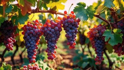 Vibrant Ripe Grapes Hanging on Vines in a Sunlit Vineyard Ready for Harvesting in a Scenic Agricultural Landscape