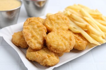 Tasty chicken nuggets and french fries with sauce on white tiled table, closeup
