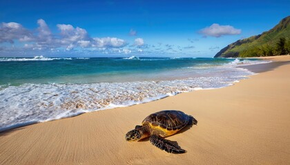 Peaceful Turtle Basking on Laniakea Beach, capturing the tropical serenity of Oahus North Shore with Emerald Waters and Golden Sands in a Warm Hawaiian Afternoon.