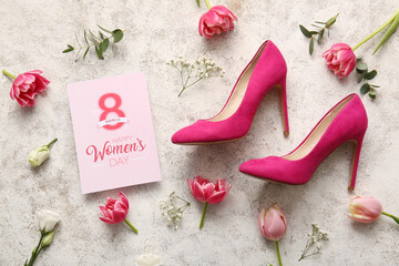 Greeting card with beautiful flowers and stylish high heels on white background. International...