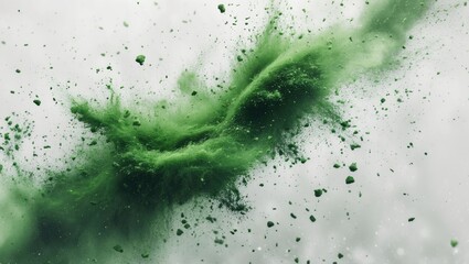 Abstract green dust particles swirling on a white background suitable for vintage and grunge design overlays creating a blurred texture effect.