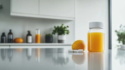 Obesity drug beside a fresh juice on a kitchen counter. Featuring hydration and nutrition