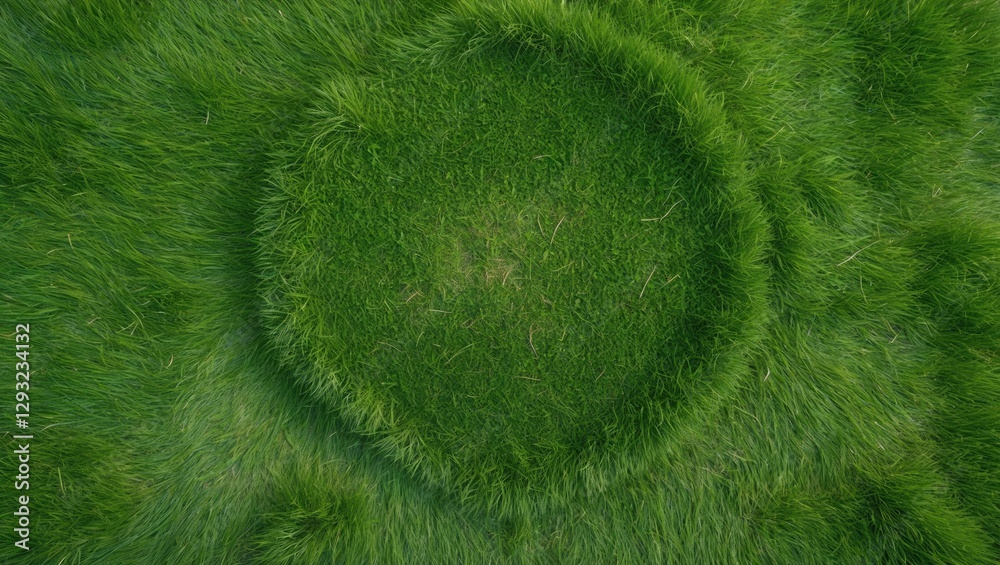Poster aerial view of lush green grass surface with circular pattern and empty space for text or graphics