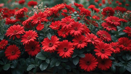 Vibrant red flowers in a lush garden setting showcasing nature's beauty and diversity in bloom perfect for floral and garden themes.