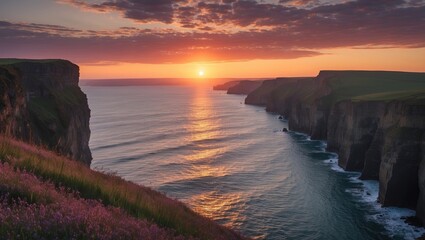 Obraz premium Serene Sunset Over Cliffs Capturing Coastal Beauty with Tranquil Waters and Expansive Sky Ideal for Text Placement