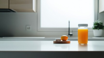 Obesity drug beside a fresh juice on a kitchen counter. Featuring hydration and nutrition