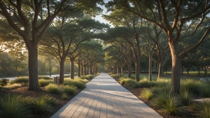Serene Tree-Lined Paved Walking Trail Surrounded by Lush Greenery and Soft Morning Light