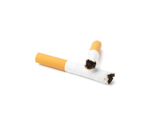 Two cigarette butts isolated on white. Smoking habit