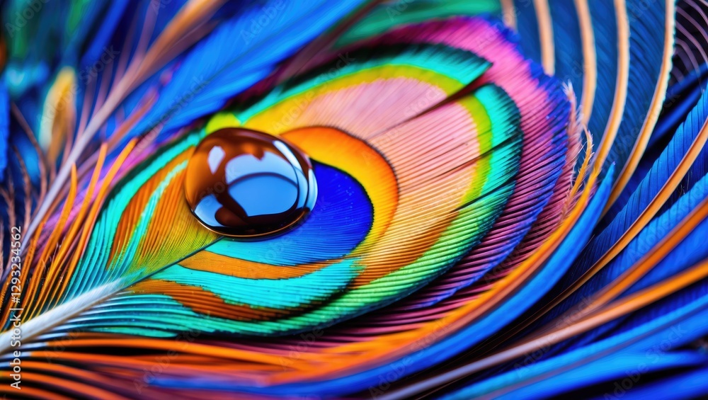 Wall mural close up of a vibrant peacock feather adorned with a water drop showcasing intricate colors and text