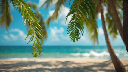 Fototapeta premium Tropical Beach Scene with Coconut Leaves Framing Blurry Seascape and Blue Sky Ideal for Summer Vacation and Travel Concepts