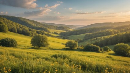 Naklejka premium Serene Summer Landscape with Expansive Green Fields and Rolling Hills Under a Clear Sky for Text Overlays