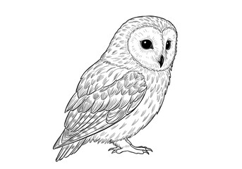 Fototapeta premium Barn Owl Illustration Standing with Detailed Feathering in Black and White