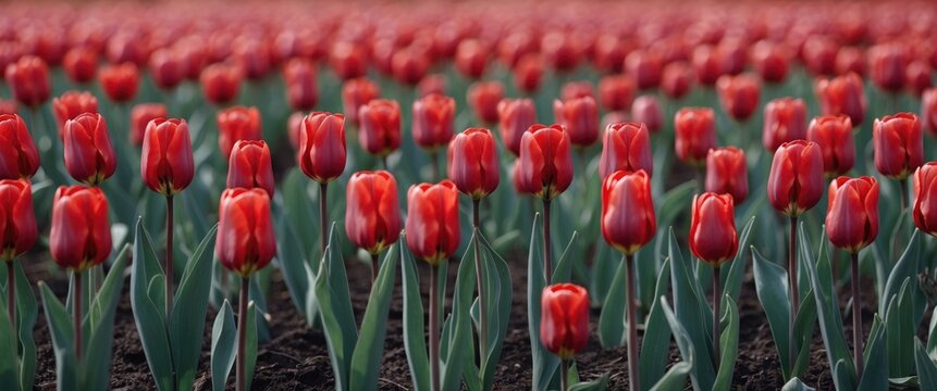 Vibrant Field of Red Tulips in Spring with Abundant Greenery and Blank Space for Text Overlay or Caption