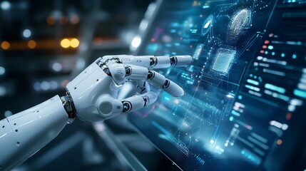 Obraz premium A robotic hand uses a screen to show different AI features in a modern, high-tech workspace. This shows how people and technology work together to create new ideas.