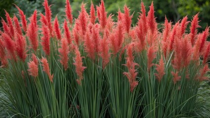 Vibrant Red Fountain Grass Ornamental Plant with Lush Green Foliage and Space for Text in Natural Outdoor Setting