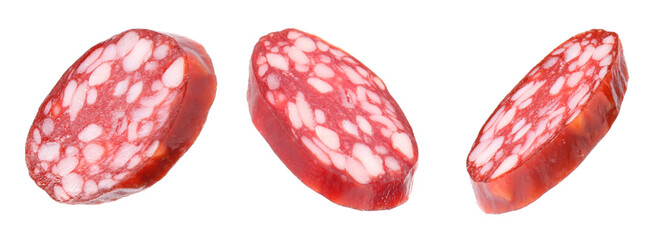 Smoked sausage slices isolated on white, set