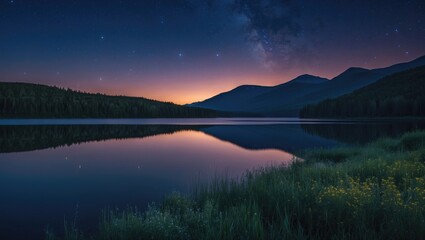 Obraz premium Peaceful Night Landscape Reflecting Calm Lake Under Starry Sky and Mountains