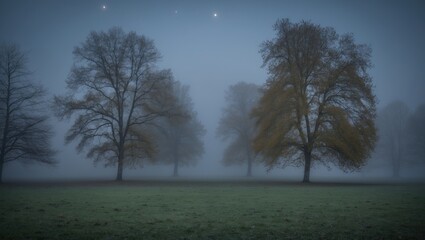 Mysterious Foggy Landscape Featuring Silhouetted Trees Under Moonlight With Blank Space For Text Overlay