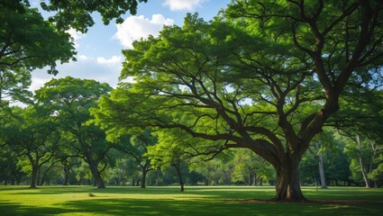 Obraz premium Lush green tree canopy on a sunny day showcasing vibrant foliage and serene park landscape ideal for nature and outdoor themes.