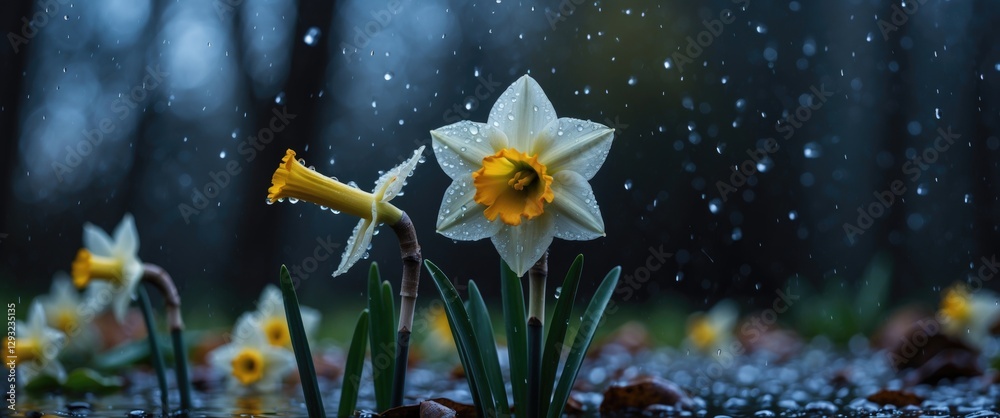 Wall mural delicate daffodil flower with raindrops against dark background and copy space for text in spring at