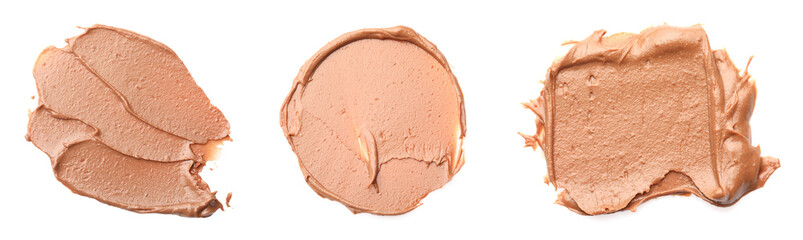 Yummy nut butter. Samples isolated on white, set. Top view