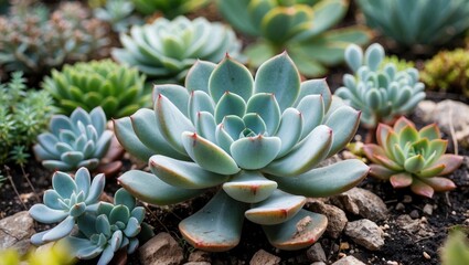 Vibrant Succulent Garden Display with Varied Greenery and Textures in Natural Setting