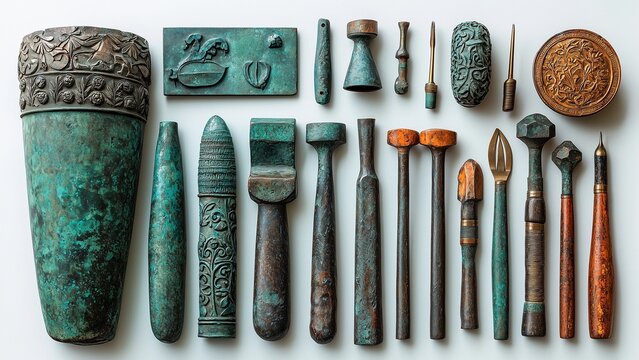 a set of ancient greek jewelry-making tools crafted from bronze and adorned with intricate engravings, featuring chisels, hammers, decorative ornaments, and ceremonial artifacts, showcasing historical