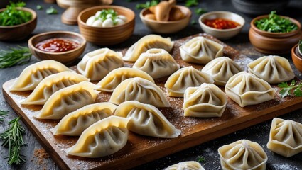 Traditional Russian pelmeni dumplings arranged on a wooden board with flour and garnishes ready for cooking or freezing.