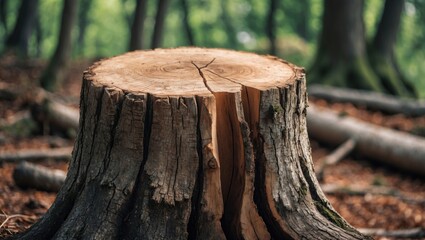 Fototapeta premium Tree stump in a serene forest setting highlighting nature's resilience and the cycle of life. Capturing beauty in fallen timber.