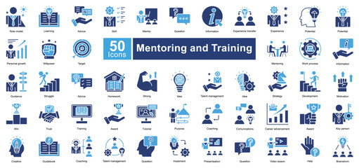 Mentoring and Training icon set in Two Color style, representing learning, coaching, leadership, and career growth. Perfect for education, corporate training, and professional development.