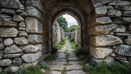 Ancient stone arches leading through a historic pathway surrounded by lush greenery and wildflowers in a serene landscape setting.