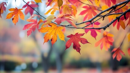 Colorful autumn leaves on tree branch with blurred background and copyspace for natural seasonal themes or promotions.