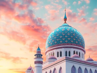 A beautiful blue dome mosque against a vibrant sunset sky