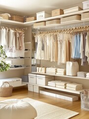 A neat walk in closet with lots of clothes and storage