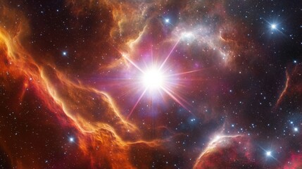 Fototapeta premium Bright star illuminating a vibrant nebula in deep space with cosmic dust and colorful gases. Astronomy and exploration of the universe concept