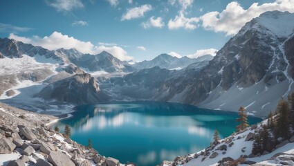 Obraz premium Tranquil Alpine Lake Surrounded by Majestic Mountains Under a Clear Blue Sky in a Serene Natural Setting