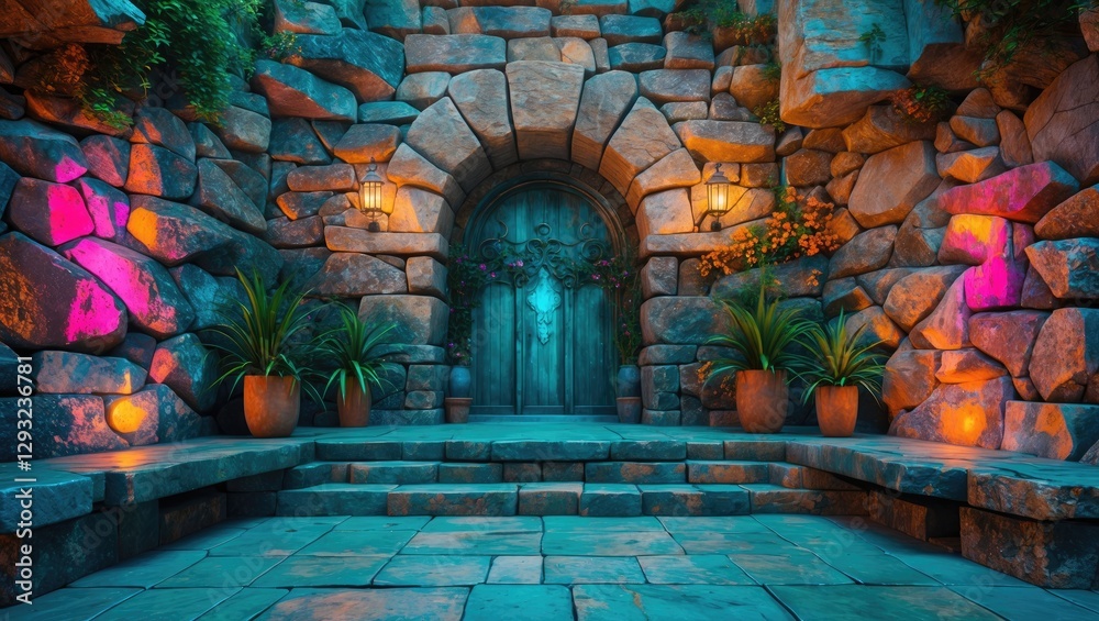 Wall mural ancient stone wall with illuminated lanterns and vibrant plants creating a mystical and enchanting b