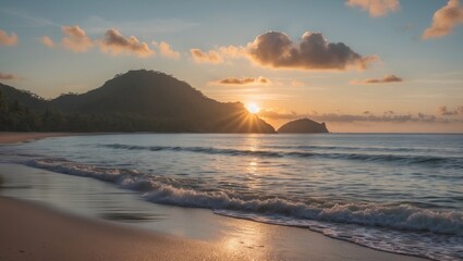 Serene Sunrise Over Tranquil Beach With Gentle Waves And Copy Space For Text On Tropical Island Landscape