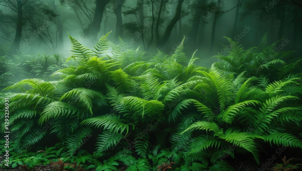 Poster lush ferns creating intricate patterns in a misty forest setting with a vibrant green background sho