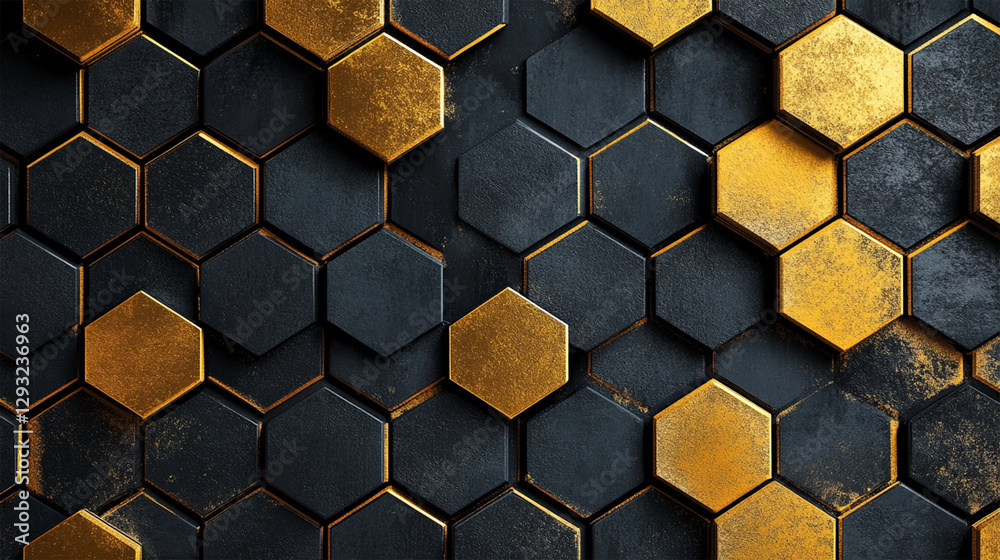 Wall mural 3d render of abstract hexagonal background with golden and black elements. close-up of black hexagon