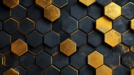 3d render of abstract hexagonal background with golden and black elements. Close-up of black hexagonal pattern with golden highlights,