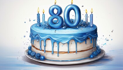 Illustration of decorated blue cake for birthday or anniversary party. Number 80, eightieth birthday celebration
